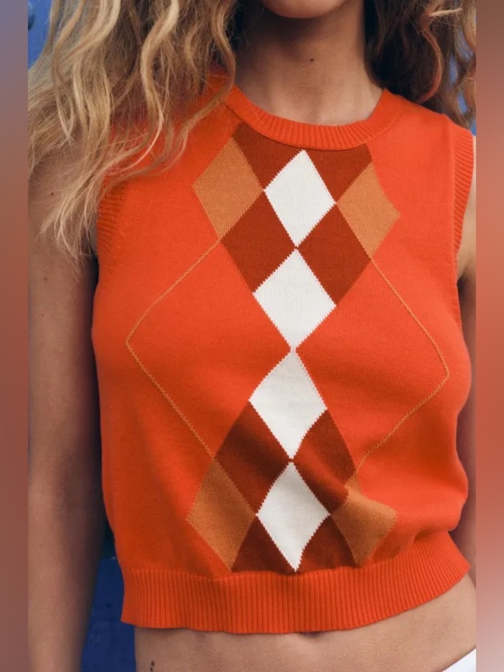 ZARA Knit Argyle Sleeveless Top / Vest. L NWT